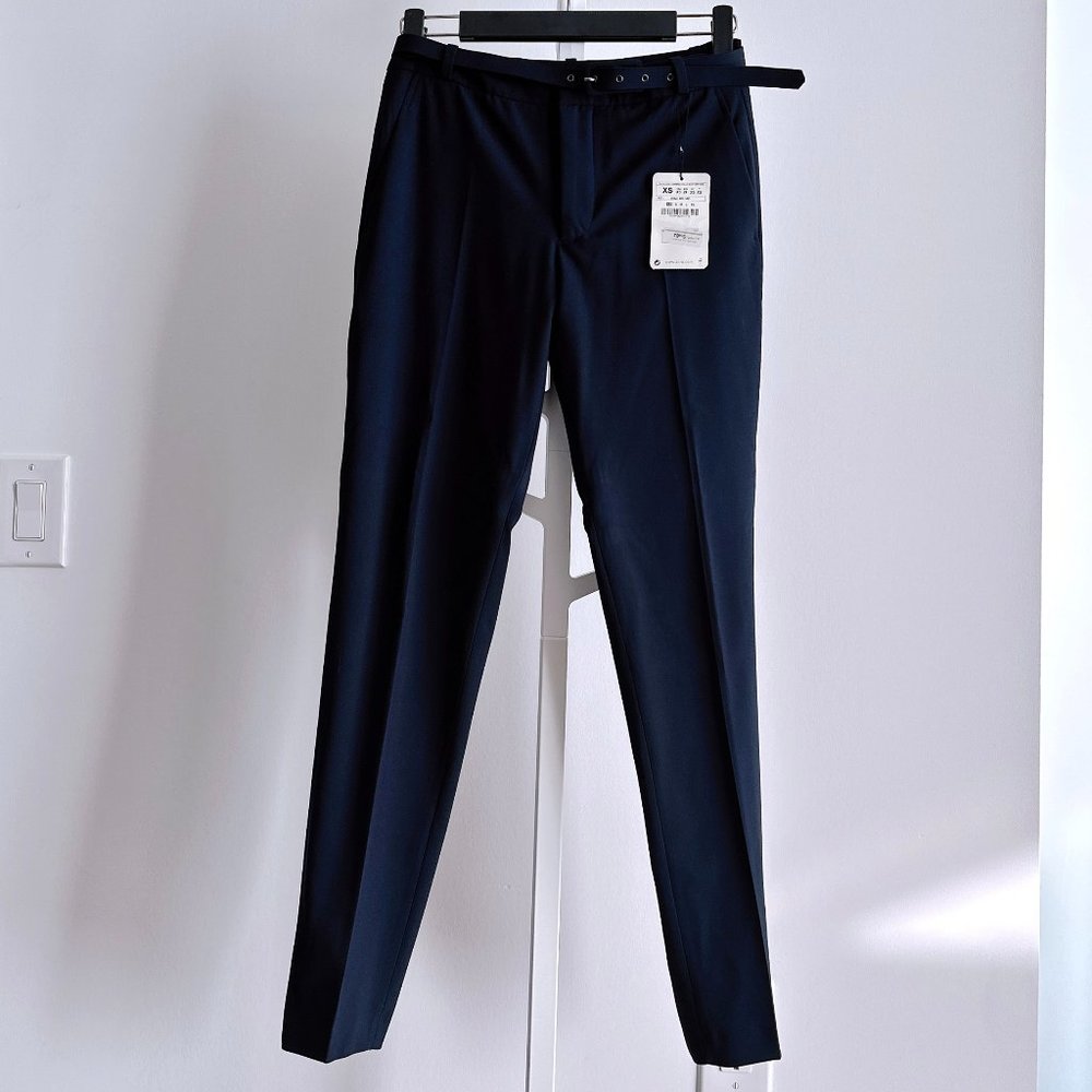 Zara Pants With Fabric-Covered Belt in Navy - Size XS